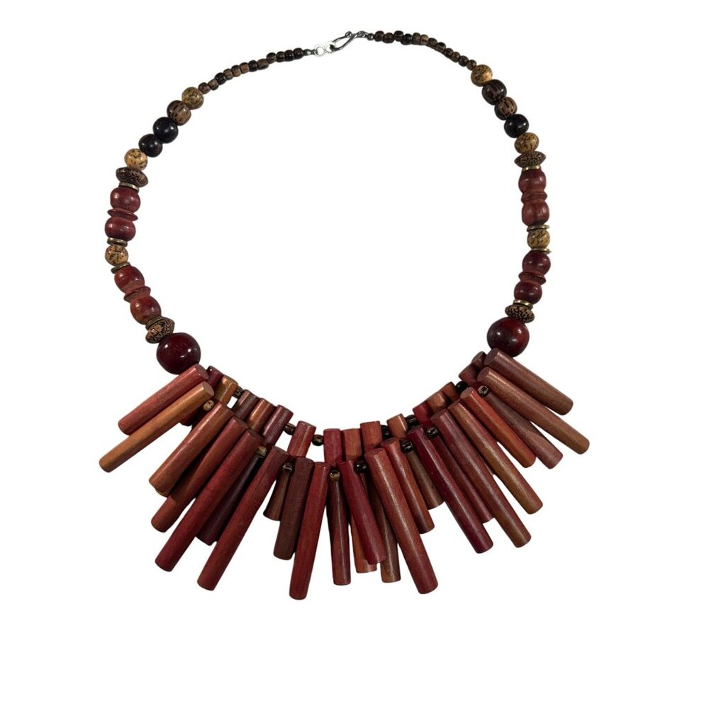 Vintage Handcrafted Tribal-Inspired exotic Wooden Beaded Necklace Hook Clasp